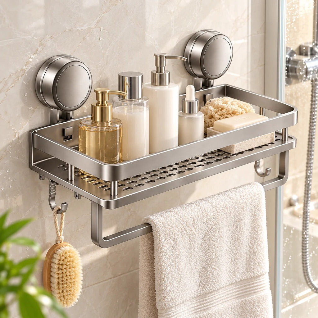 Suction Cup Bathroom Shelf – removable, wall mounted, drip tray