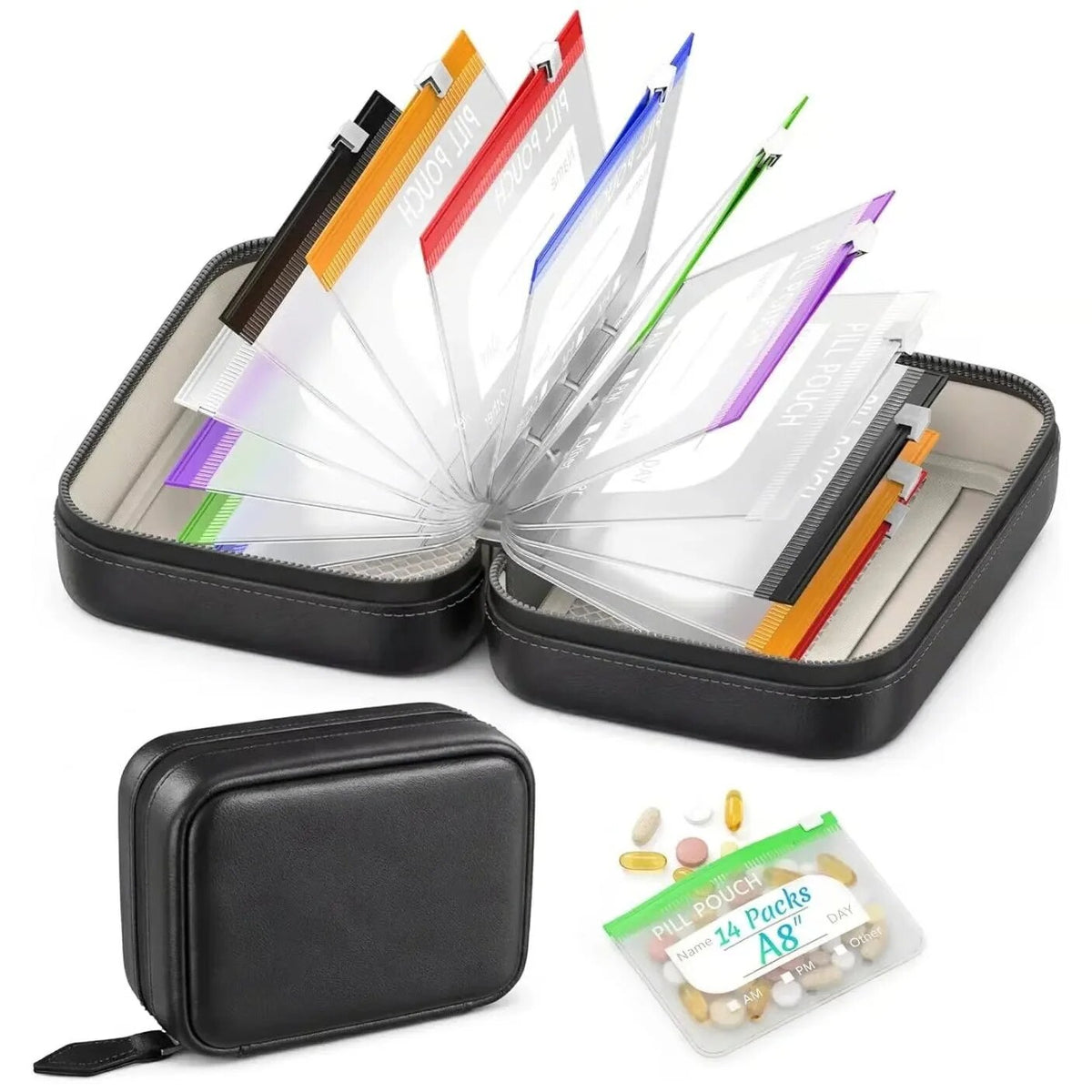 Tablet Organiser – portable faux leather case, 14 zip pouches