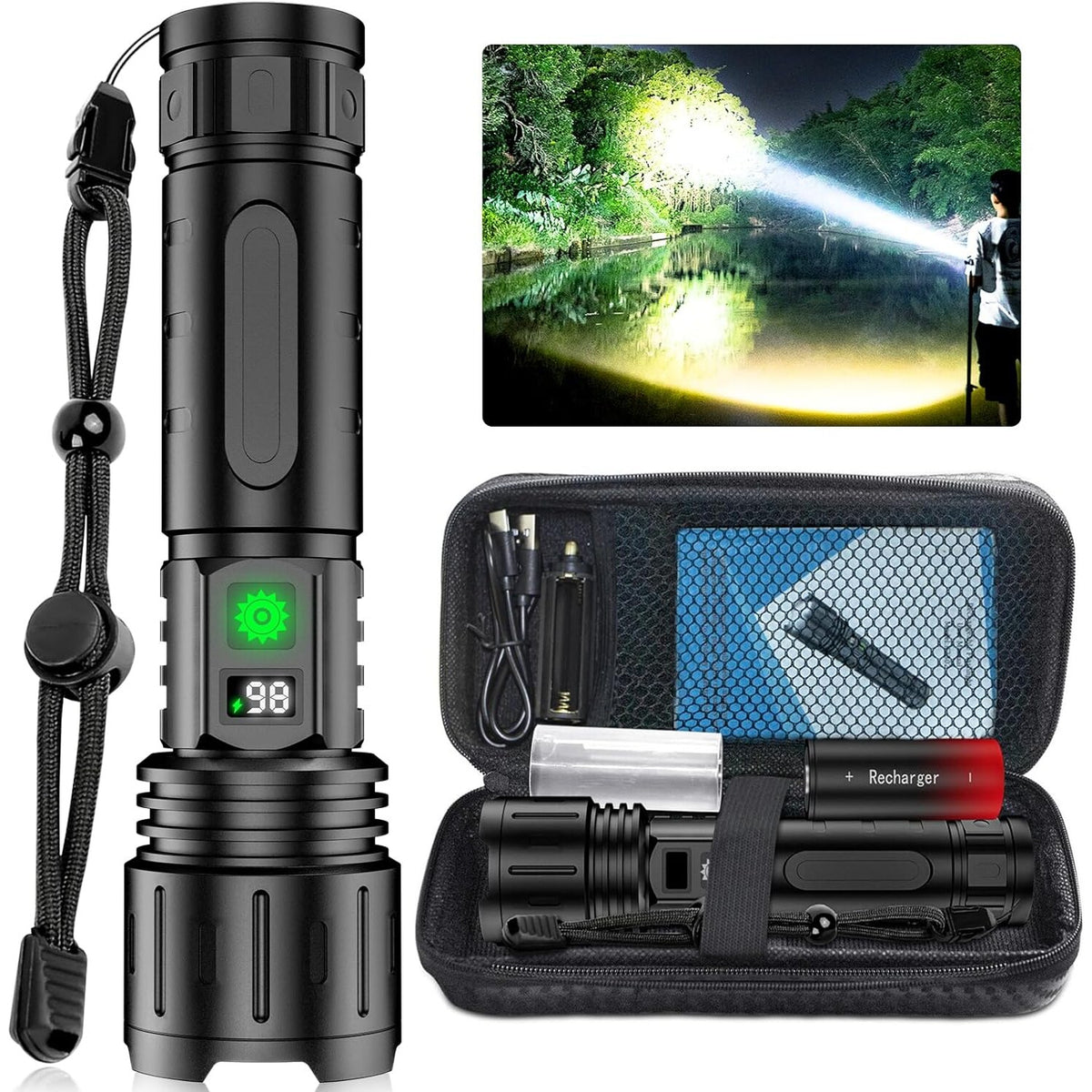 Tactical LED Torch – long-range beam, USB-C rechargeable, adjustable focus