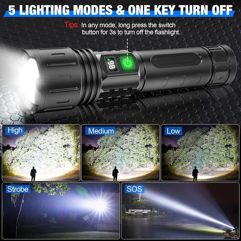 Tactical LED Torch – long-range beam, USB-C rechargeable, adjustable focus
