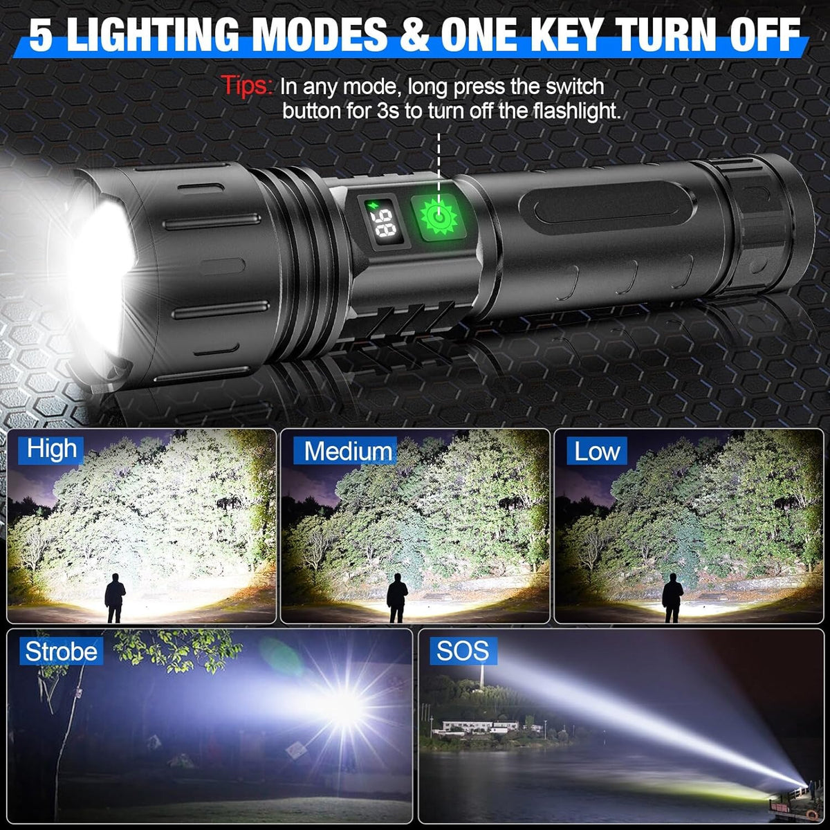 Tactical LED Torch – long-range beam, USB-C rechargeable, adjustable focus