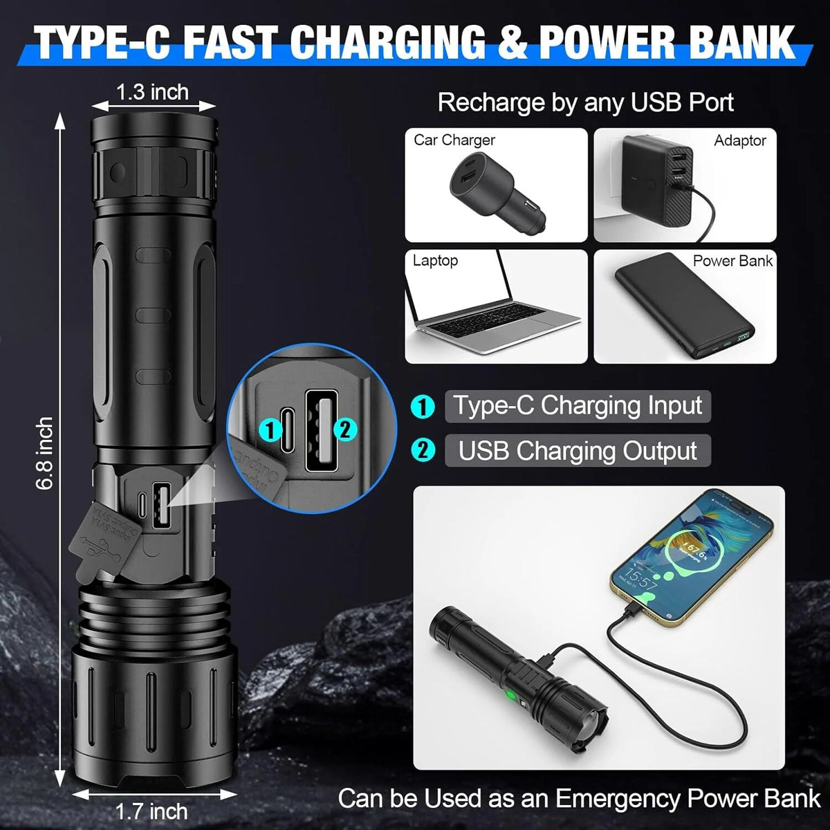 Tactical LED Torch – long-range beam, USB-C rechargeable, adjustable focus