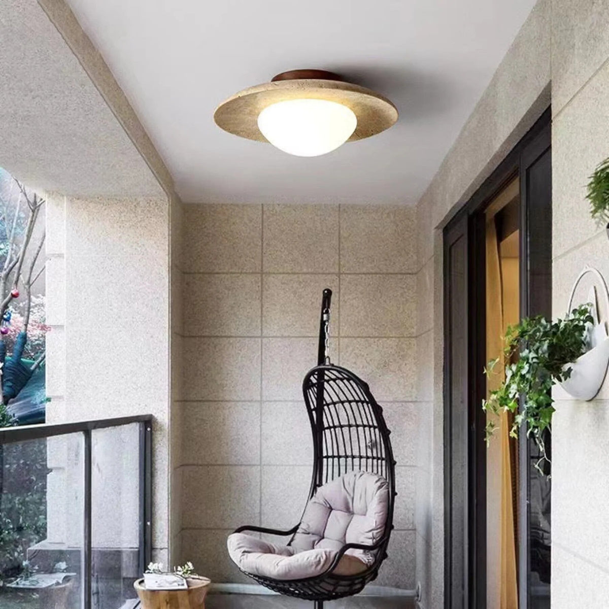 Travertine and Wood Ceiling Light – semi-flush, natural texture