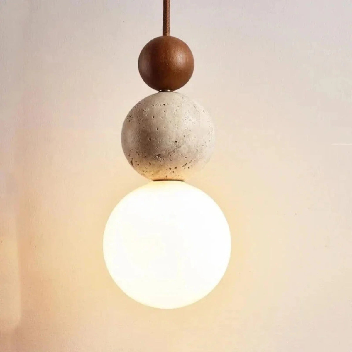 Travertine Pendant Light – stone and wood accent, minimalist matte finish