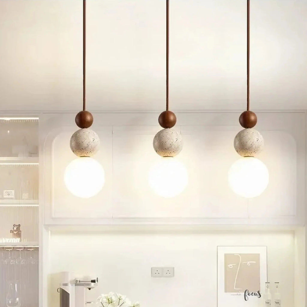 Travertine Pendant Light – stone and wood accent, minimalist matte finish