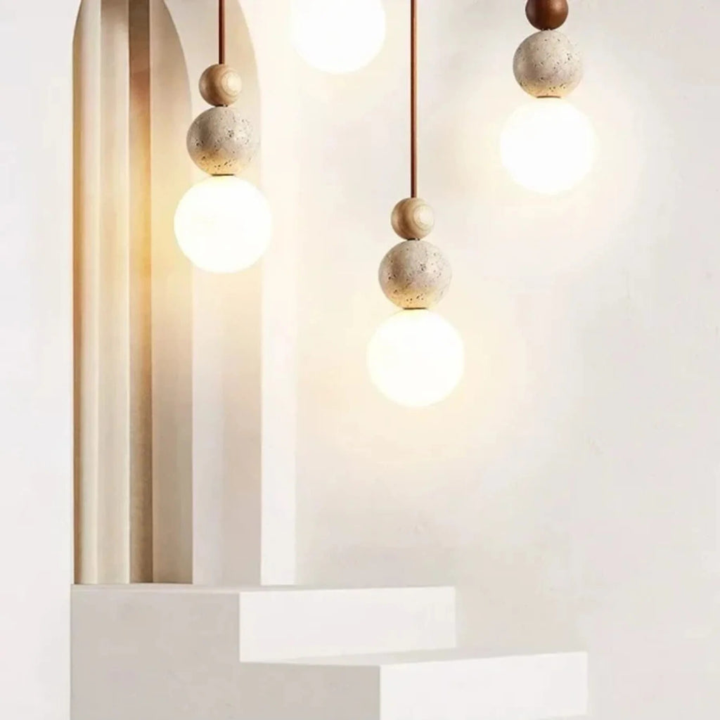 Travertine Pendant Light – stone and wood accent, minimalist matte finish