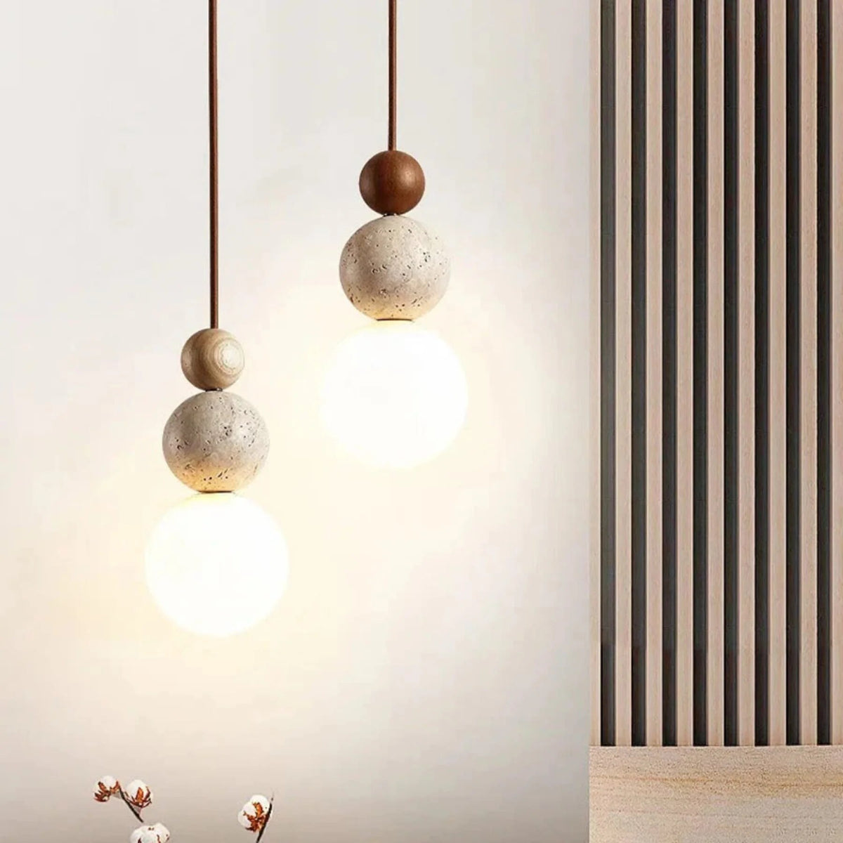 Travertine Pendant Light – stone and wood accent, minimalist matte finish