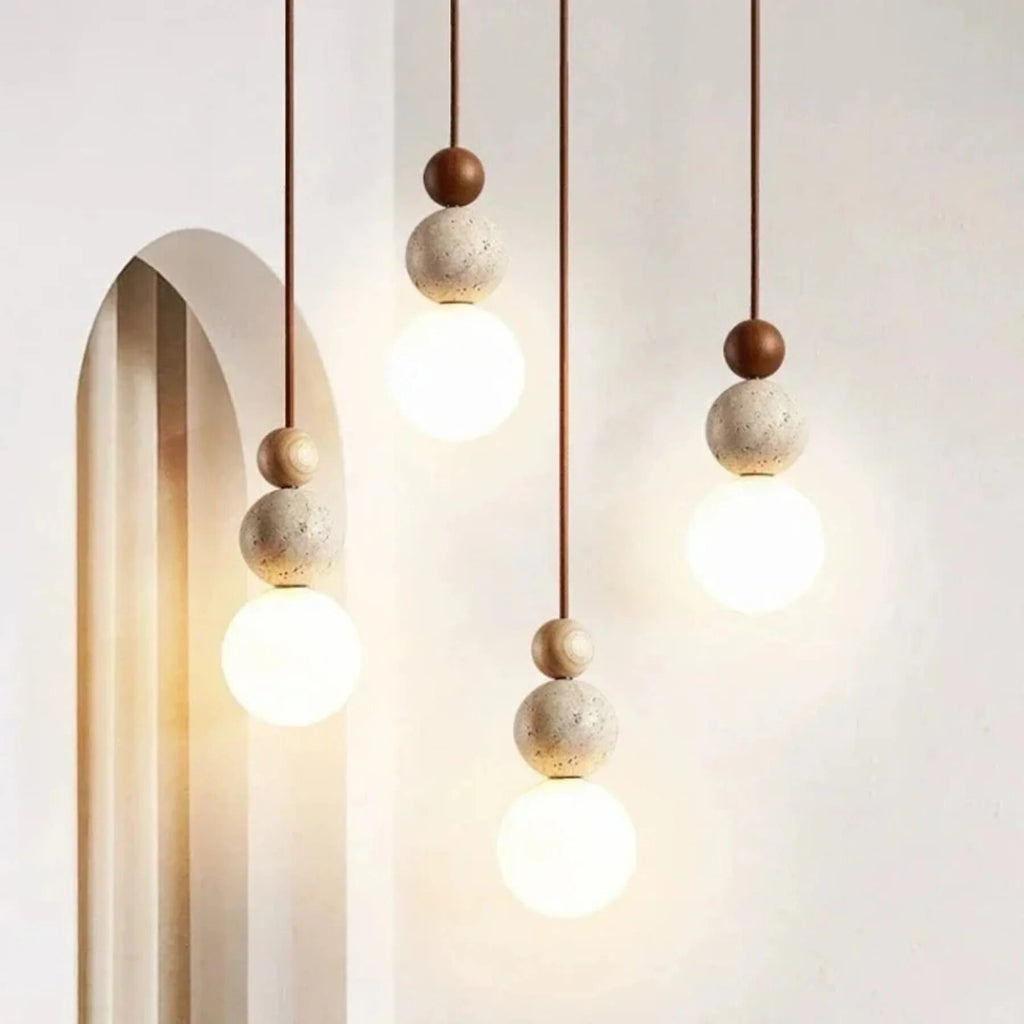 Travertine Pendant Light – stone and wood accent, minimalist matte finish