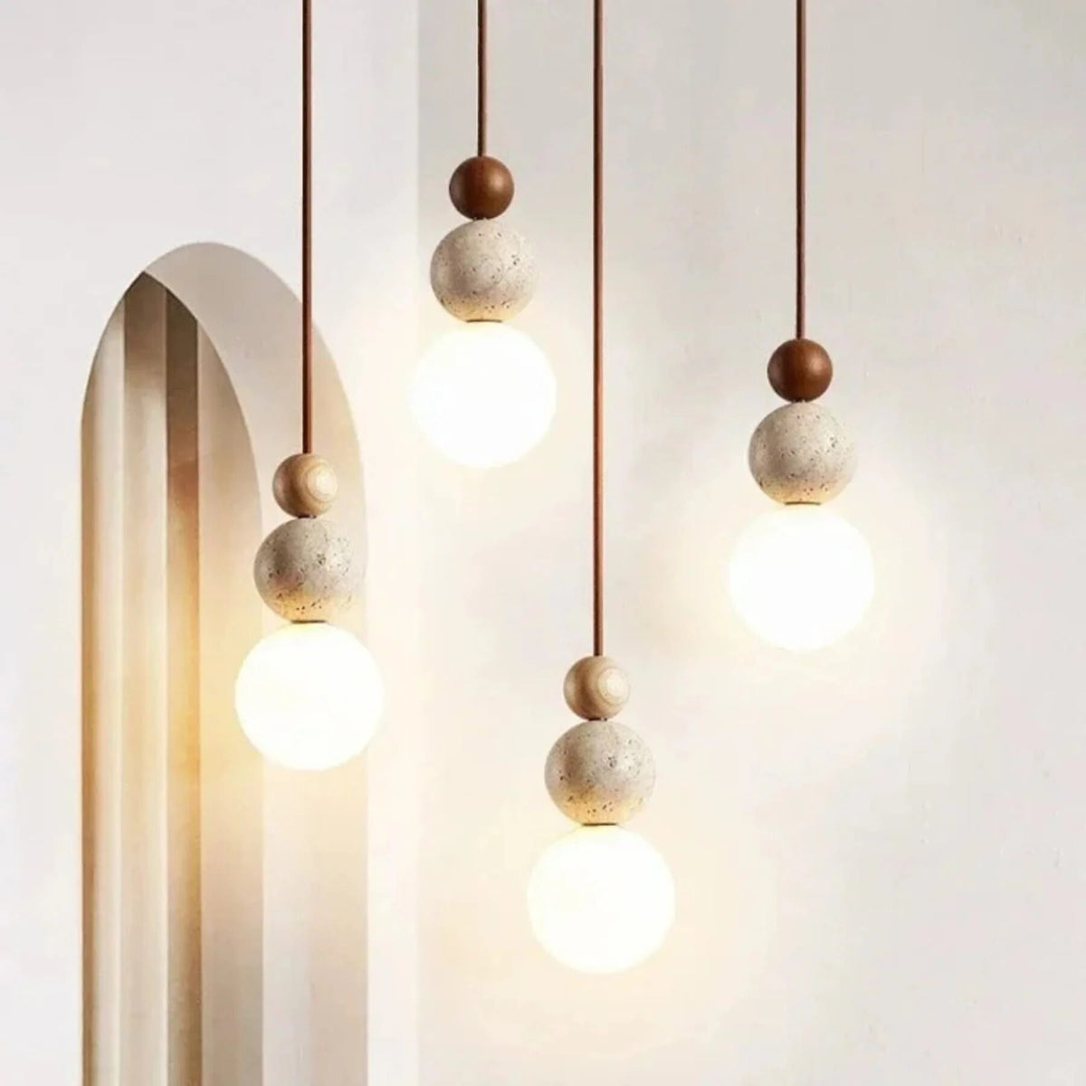Travertine Pendant Light – stone and wood accent, minimalist matte finish