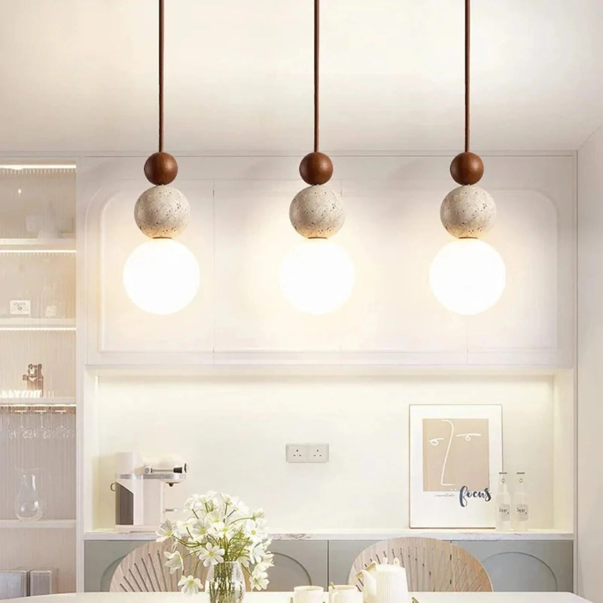 Travertine Pendant Light – stone and wood accent, minimalist matte finish