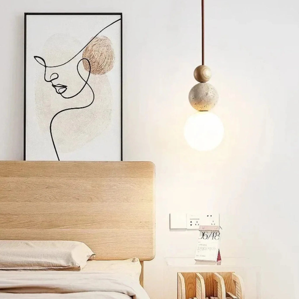 Travertine Pendant Light – stone and wood accent, minimalist matte finish