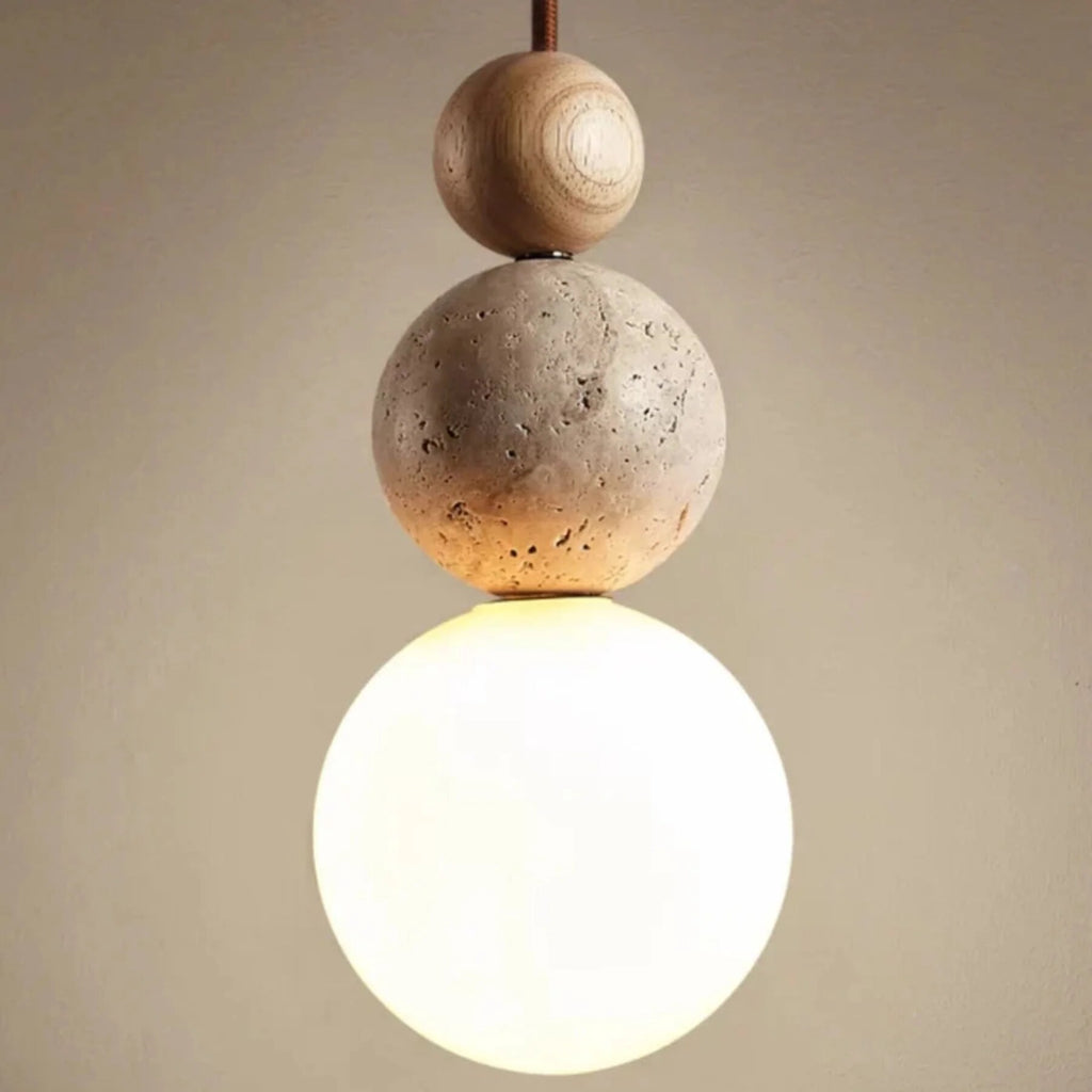 Travertine Pendant Light – stone and wood accent, minimalist matte finish