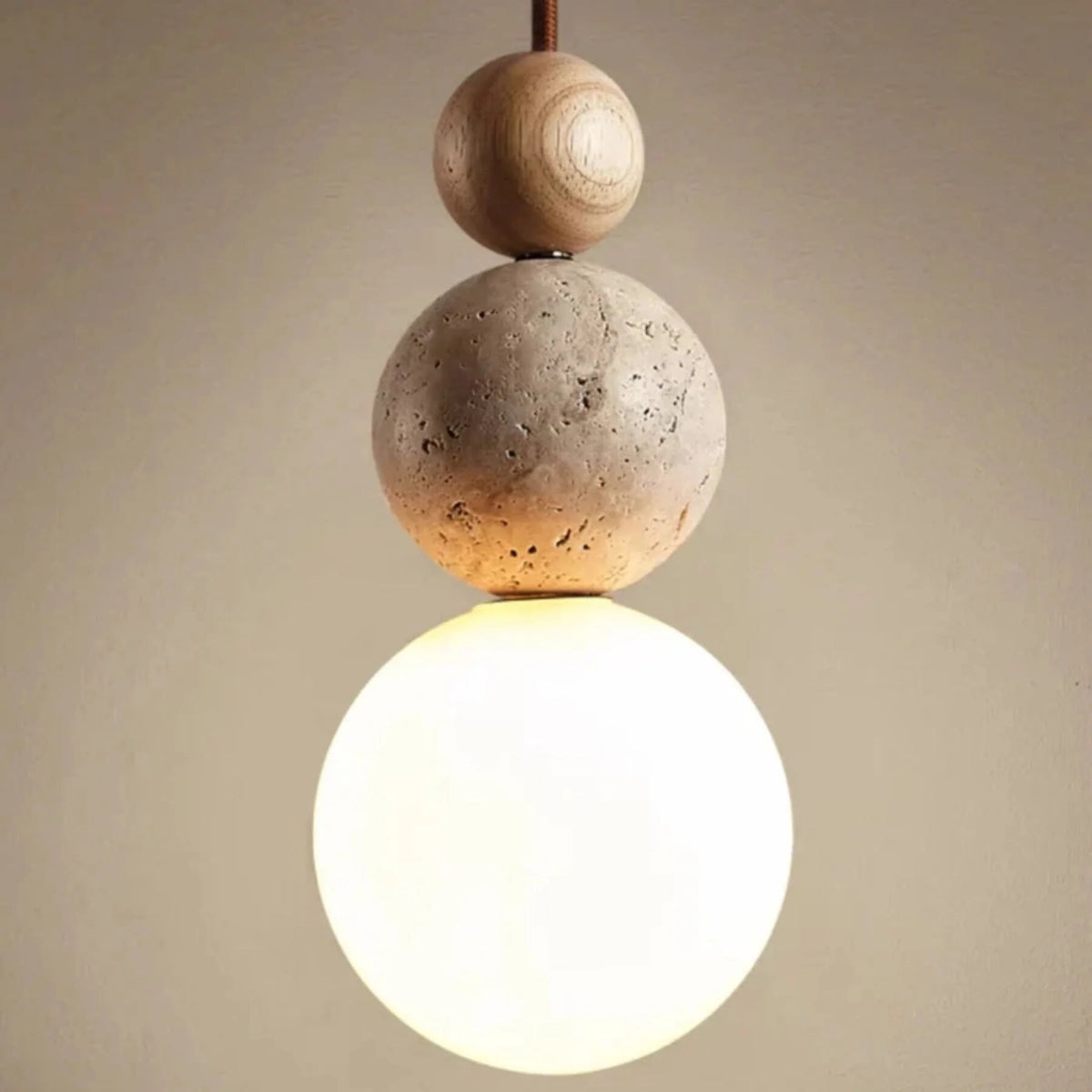 Travertine Pendant Light – stone and wood accent, minimalist matte finish