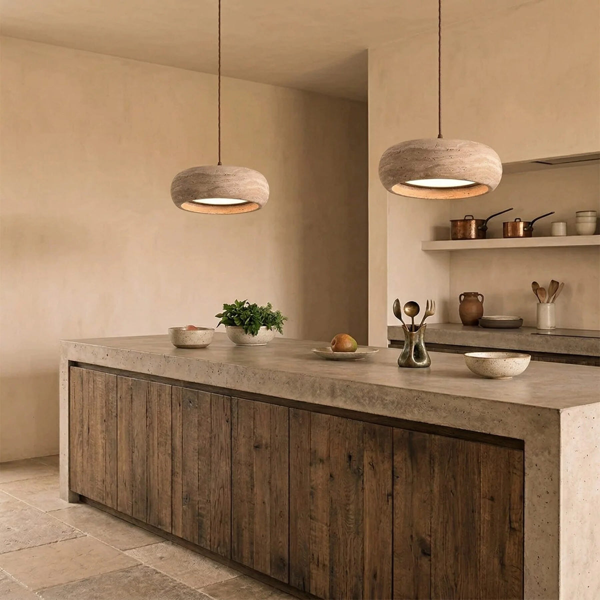 Travertine Pendant Light – stone finish, adjustable dimming