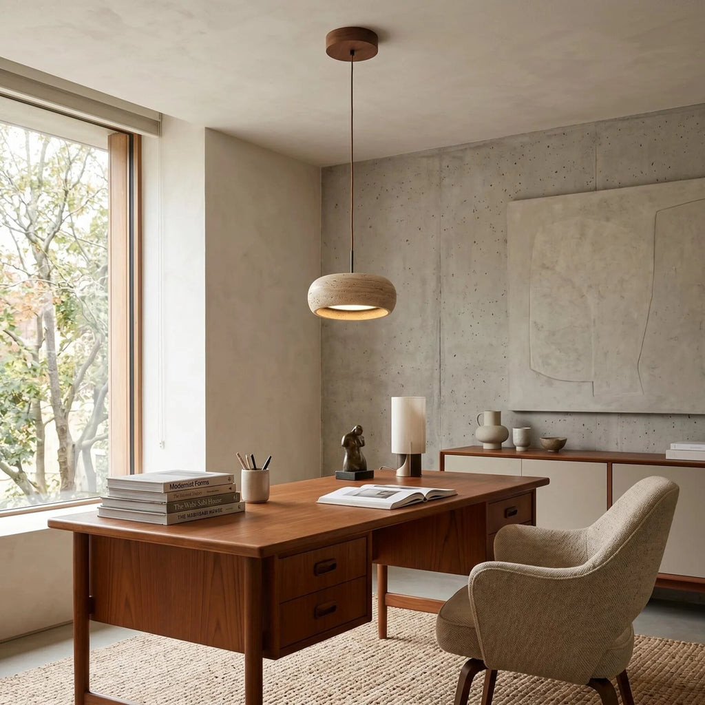 Travertine Pendant Light – stone finish, adjustable dimming