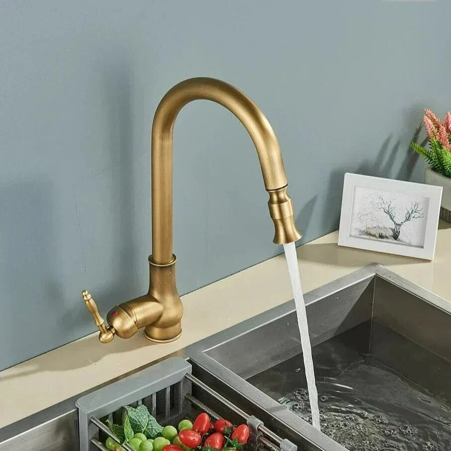 Vintage Kitchen Mixer Tap – brass, pull-out spray, traditional lever