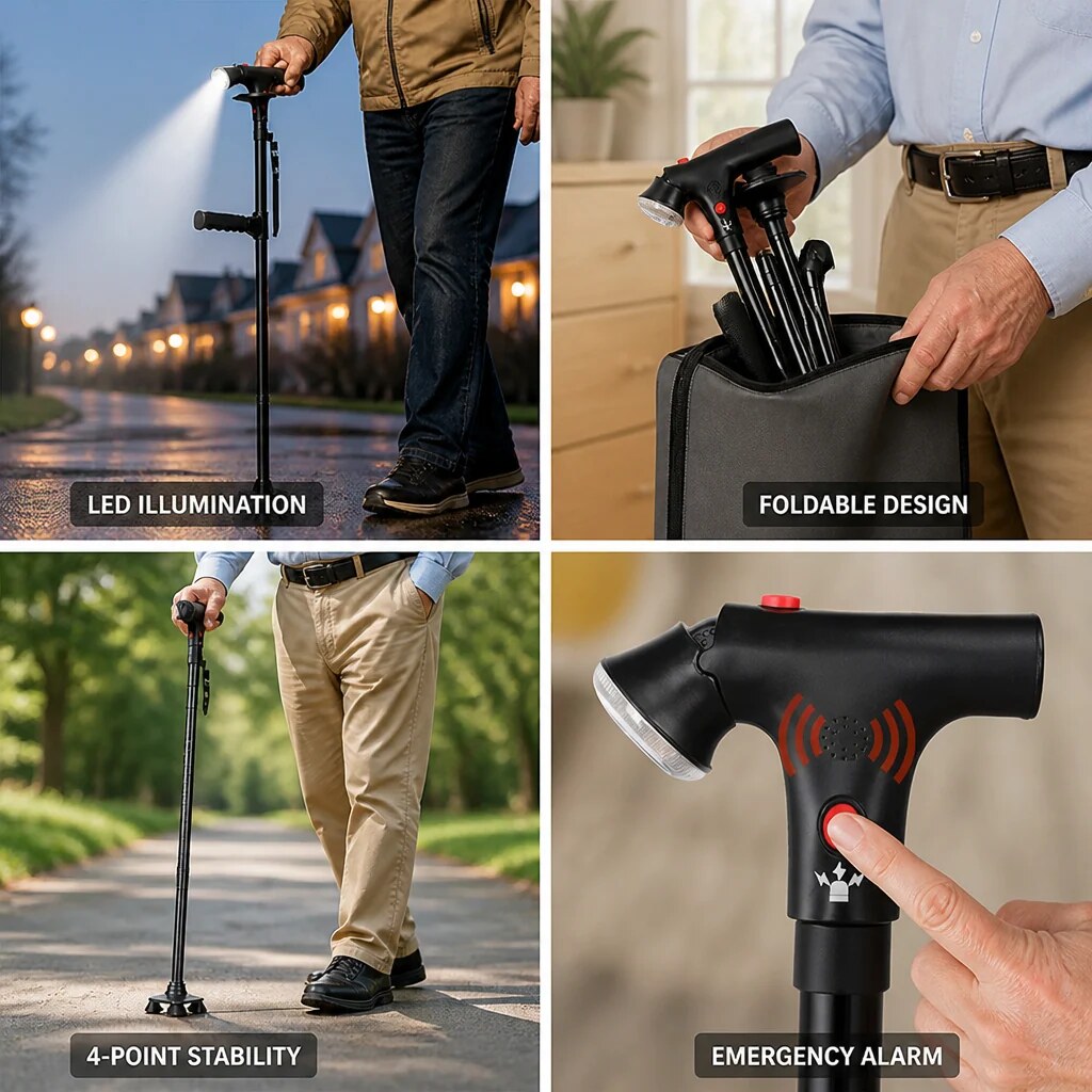 Walking Frame – four-point support, LED light, foldable