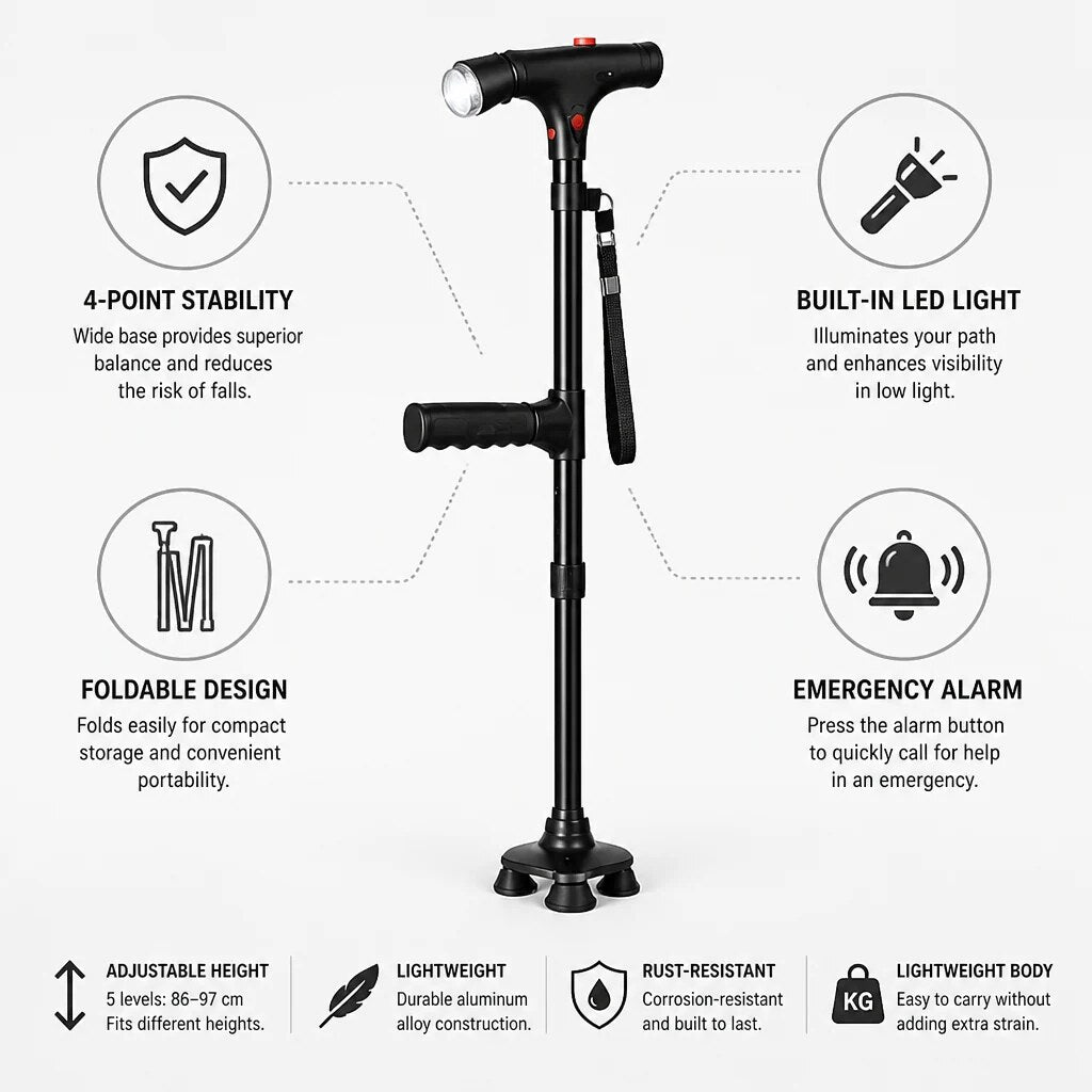 Walking Frame – four-point support, LED light, foldable