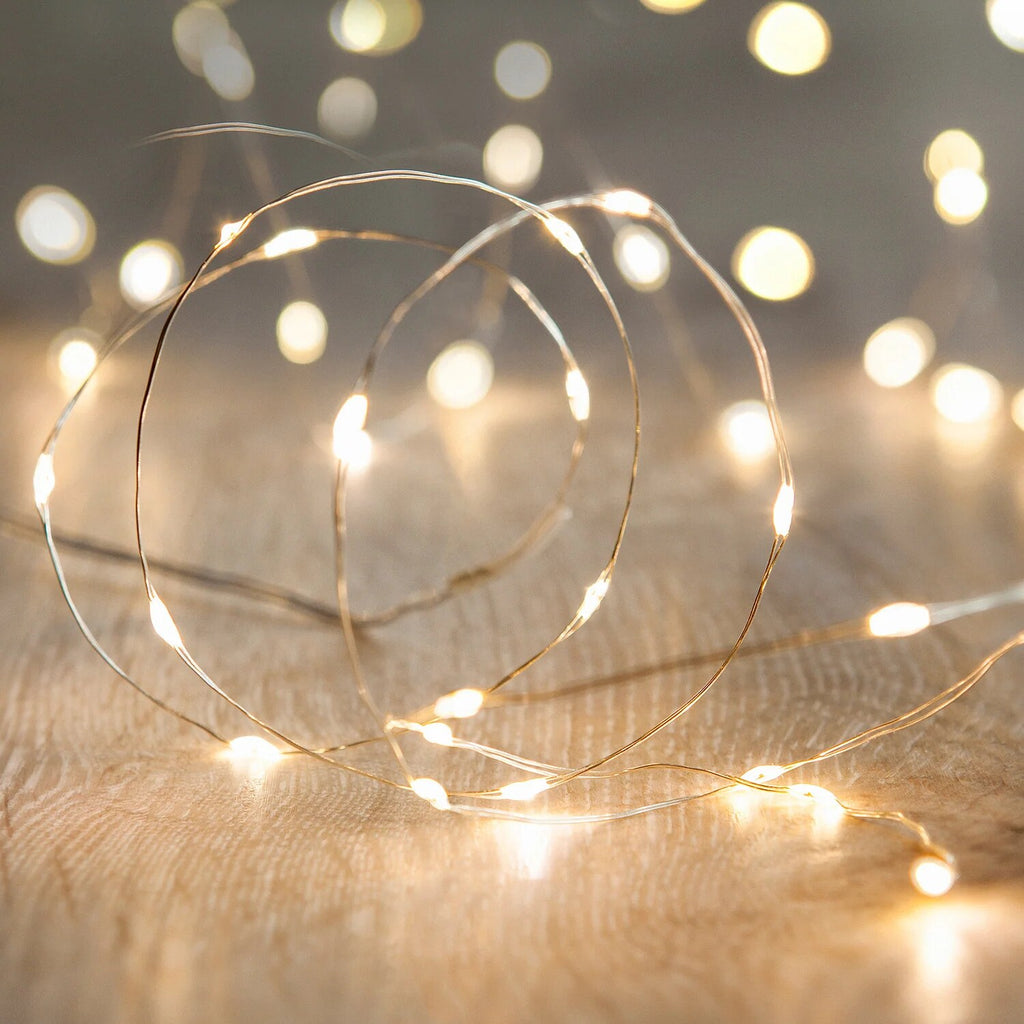 Warm White Micro LED Fairy Lights – flexible silver wire, 100 lights
