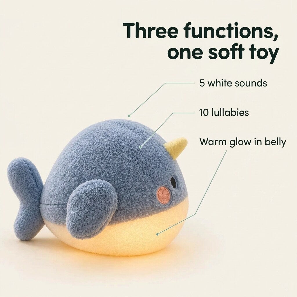 Whale Plush Night Light – white noise, ten lullabies, washable