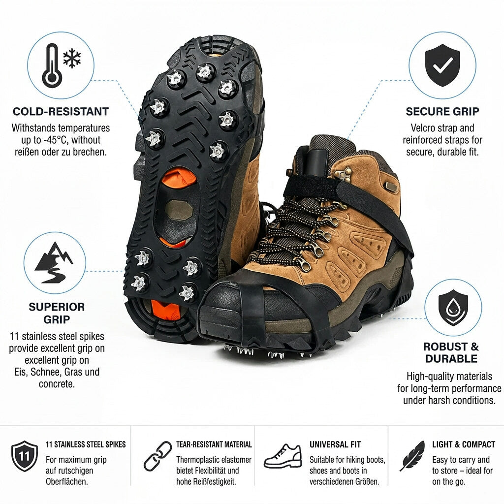Winter Crampons – stainless steel spikes, elastomer base, adjustable