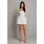 Women's Beaded Mini Dress – structured crepe, lace-up back