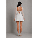 Women's Beaded Mini Dress – structured crepe, lace-up back