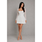 Women's Beaded Mini Dress – structured crepe, lace-up back