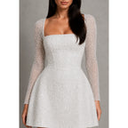 Women's Beaded Mini Dress – structured crepe, lace-up back
