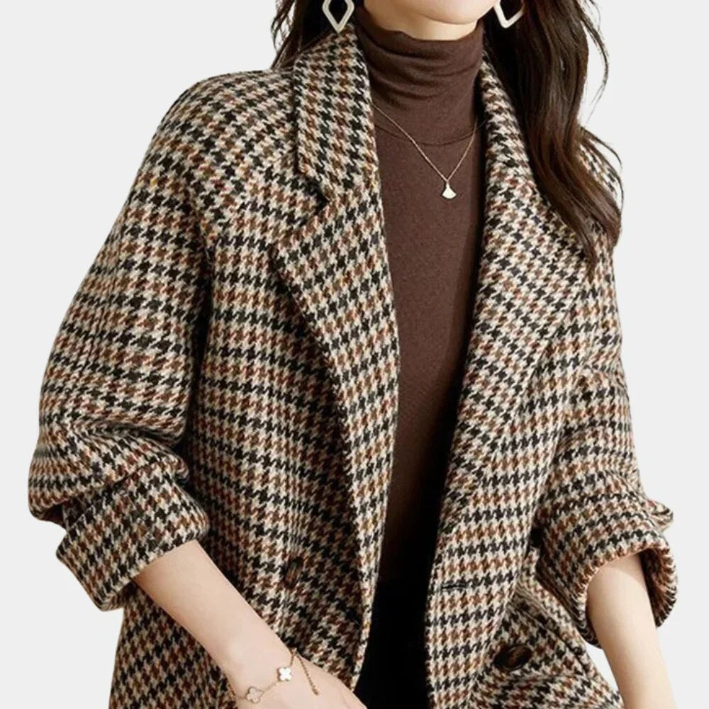 Women's Double-Breasted Blazer – houndstooth check, hip-length