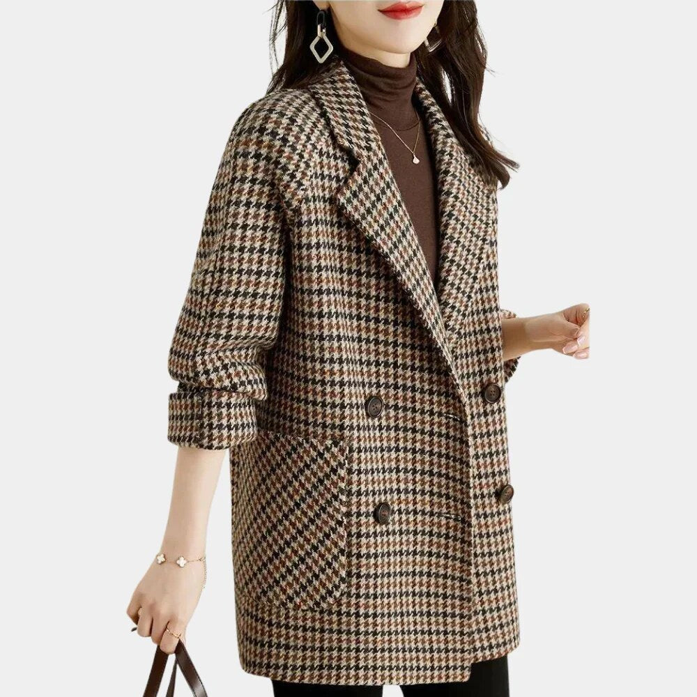 Women's Double-Breasted Blazer – houndstooth check, hip-length