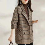 Women's Double-Breasted Blazer – houndstooth check, hip-length