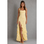 Women's Lace Maxi Dress – evening wear, high split, adjustable straps