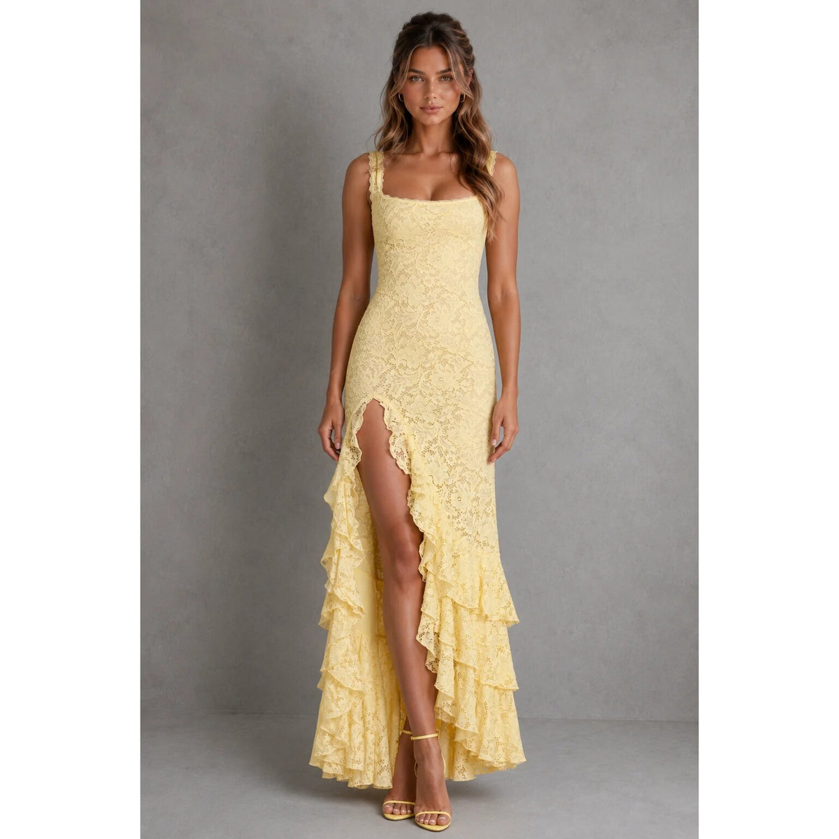 Women's Lace Maxi Dress – evening wear, high split, adjustable straps