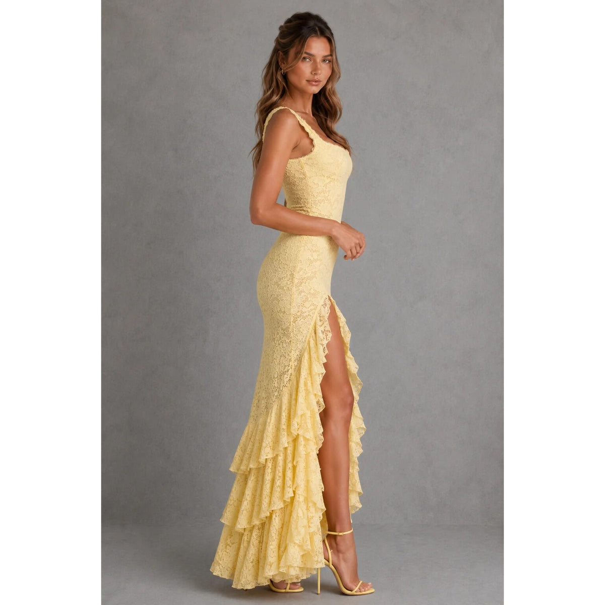 Women's Lace Maxi Dress – evening wear, high split, adjustable straps