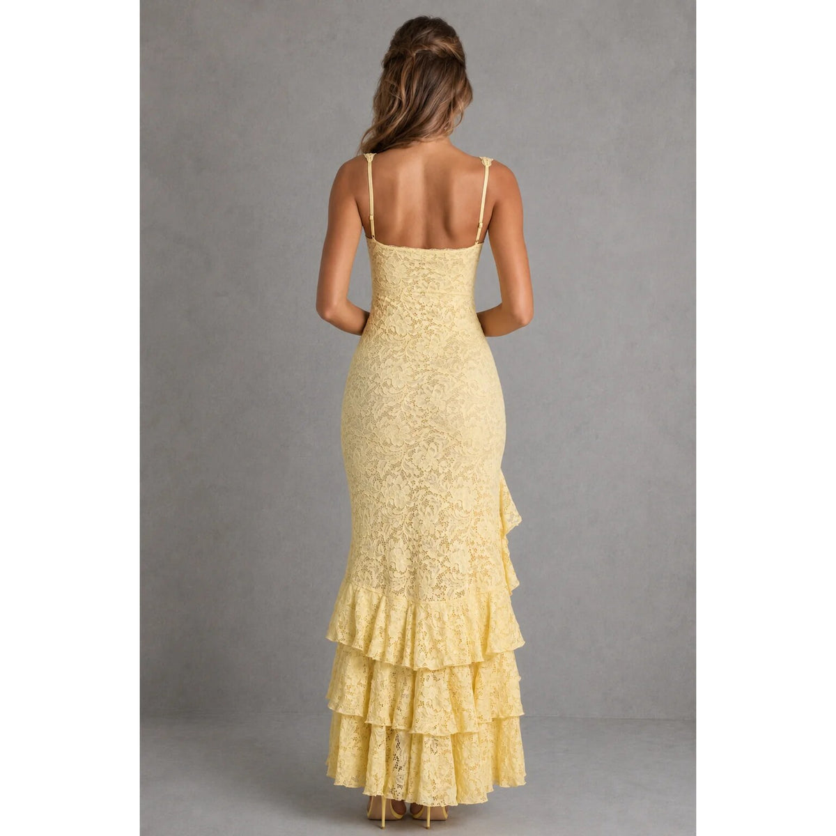 Women's Lace Maxi Dress – evening wear, high split, adjustable straps
