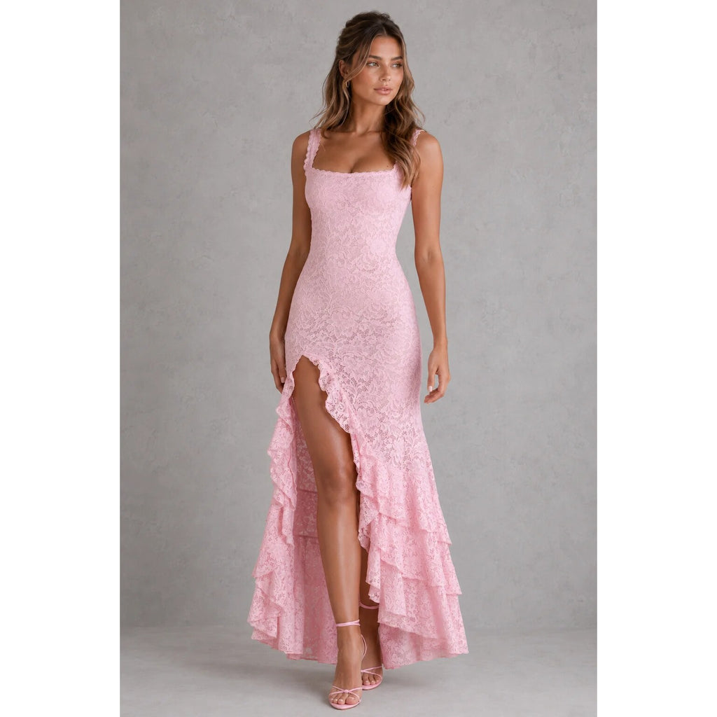 Women's Lace Maxi Dress – evening wear, high split, adjustable straps