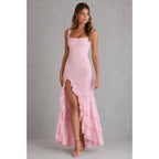 Women's Lace Maxi Dress – evening wear, high split, adjustable straps