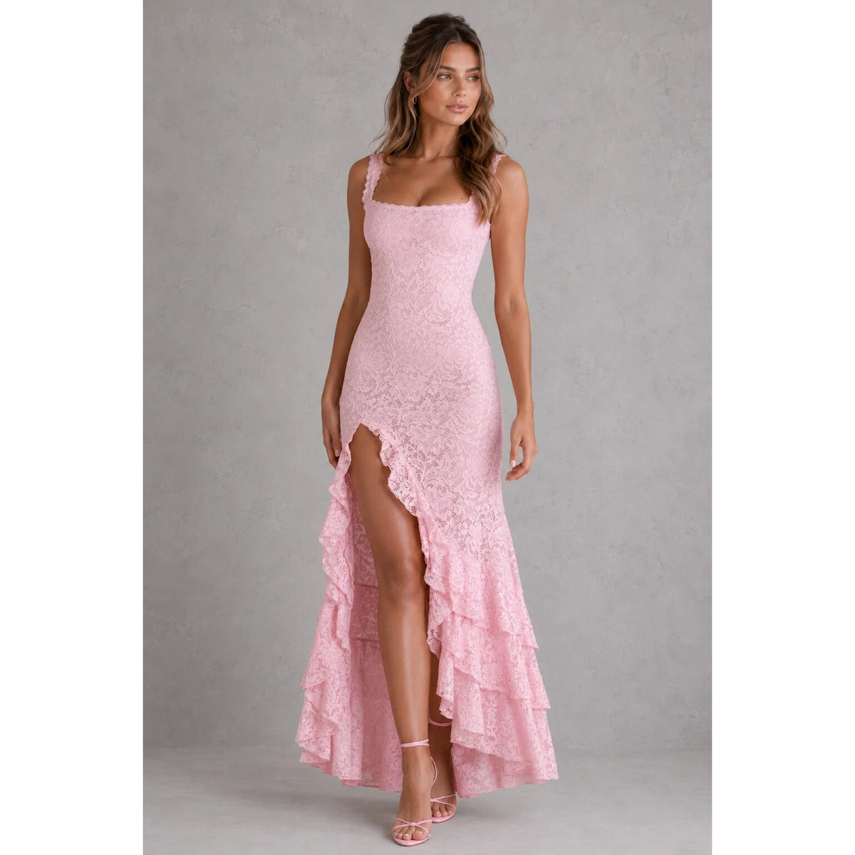 Women's Lace Maxi Dress – evening wear, high split, adjustable straps