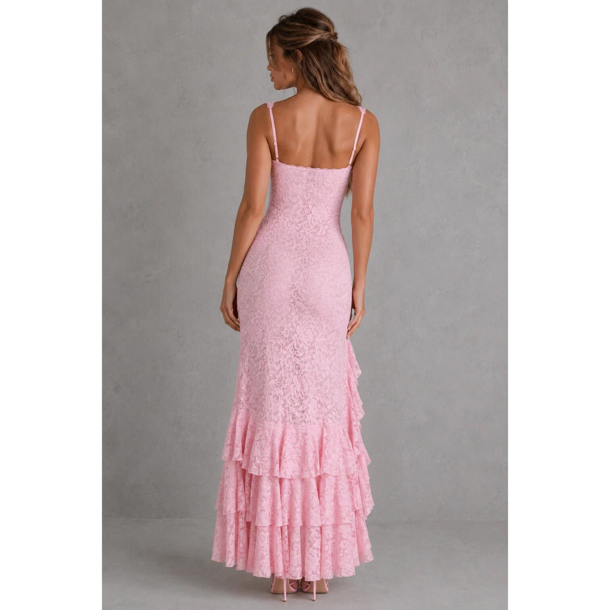 Women's Lace Maxi Dress – evening wear, high split, adjustable straps