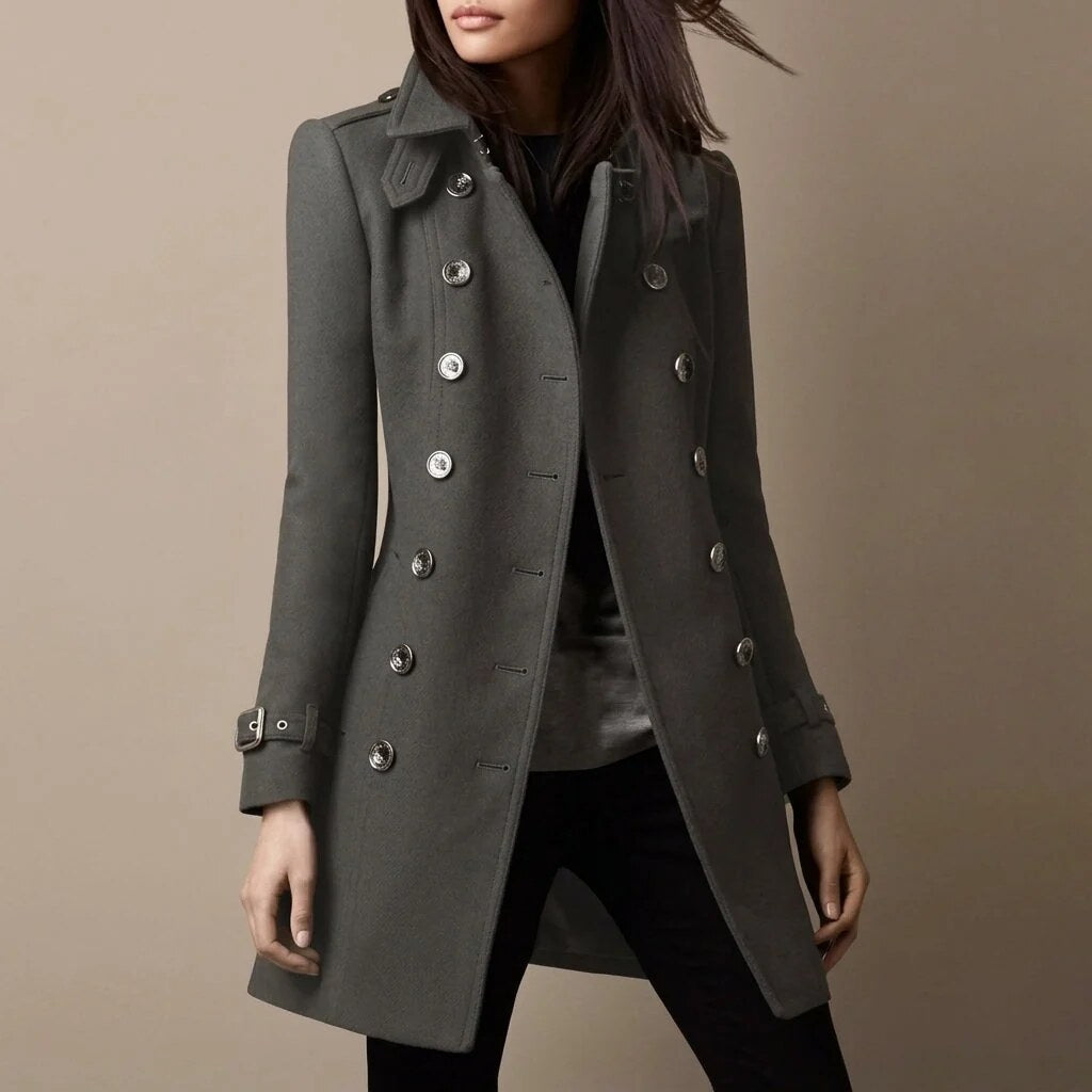 Women's Military Coat – double-breasted, notch lapels, fitted waist