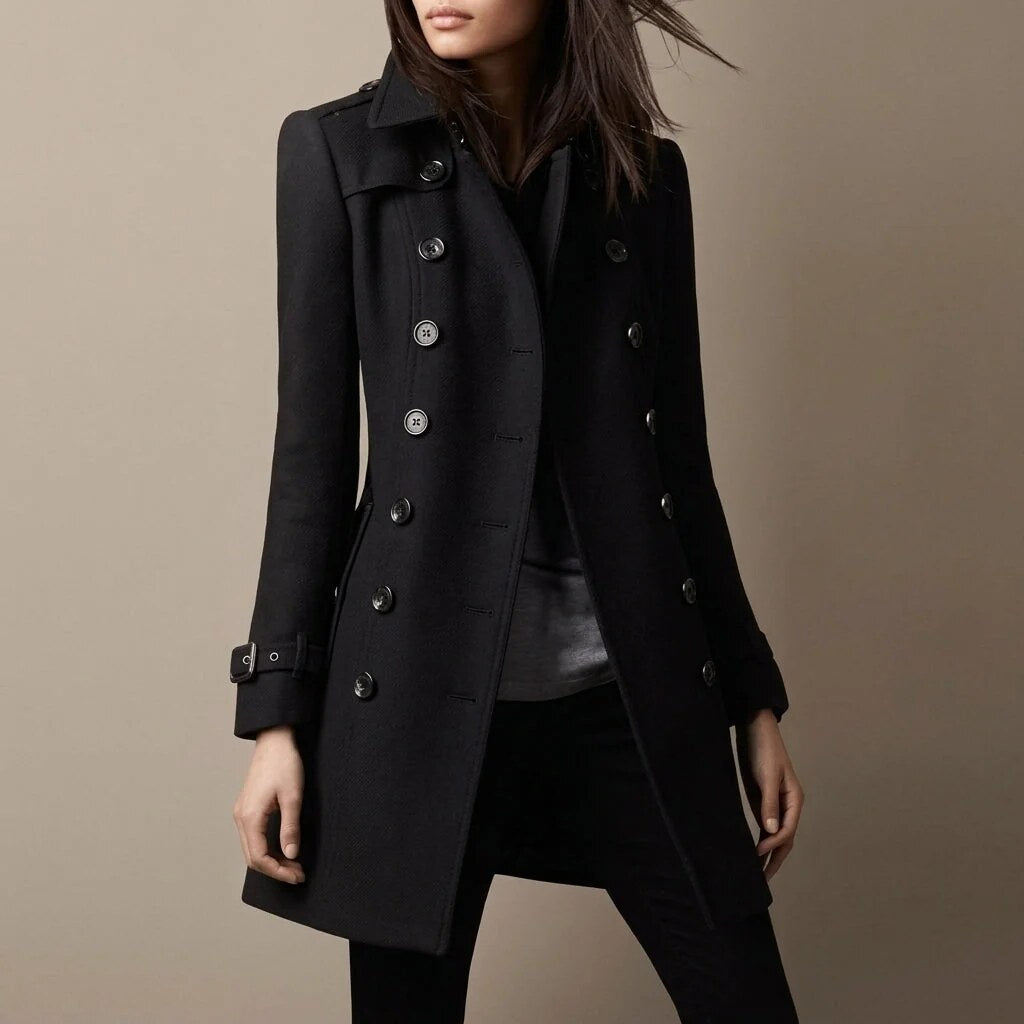 Women's Military Coat – double-breasted, notch lapels, fitted waist