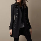 Women's Military Coat – double-breasted, notch lapels, fitted waist