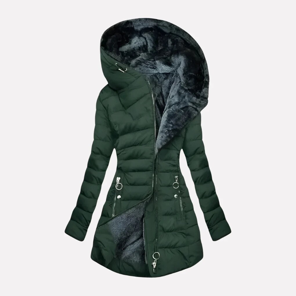 Women's Quilted Coat with Hood – zip front, side pockets, layered wear