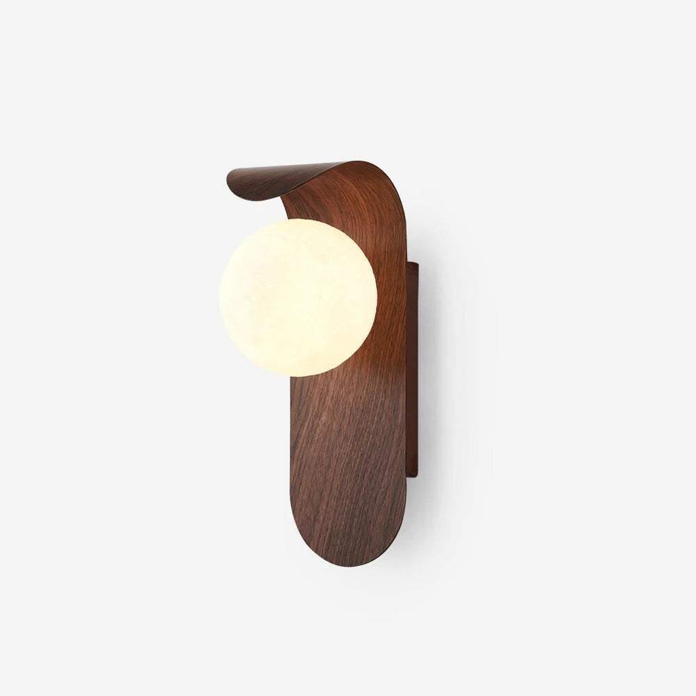Wood Wall Light – opal globe diffuser, warm light, curved backplate