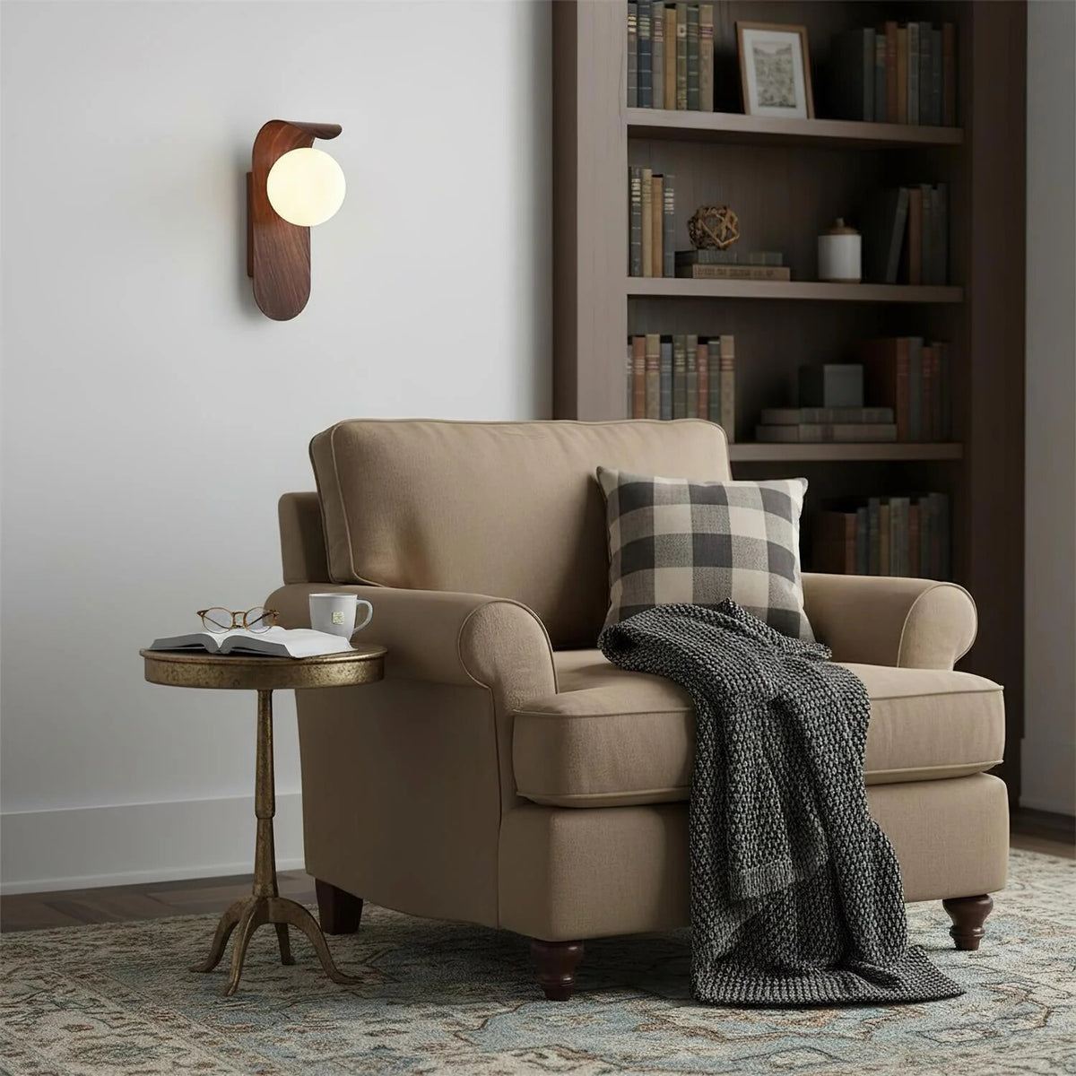 Wood Wall Light – opal globe diffuser, warm light, curved backplate