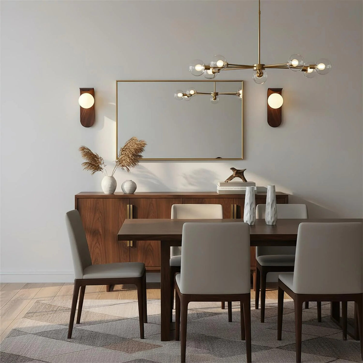 Wood Wall Light – opal globe diffuser, warm light, curved backplate