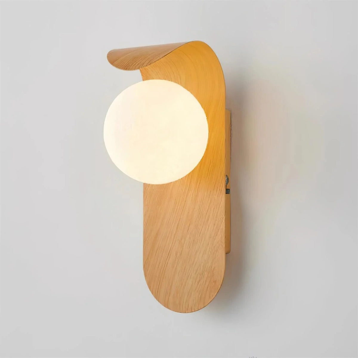 Wood Wall Light – opal globe diffuser, warm light, curved backplate