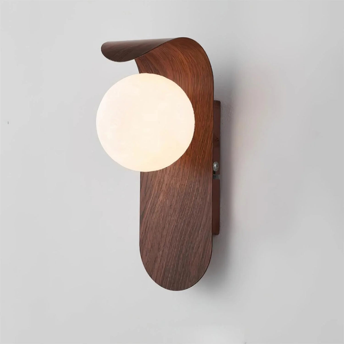 Wood Wall Light – opal globe diffuser, warm light, curved backplate