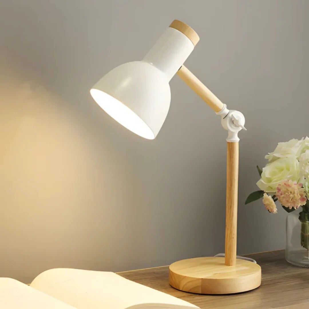 Wooden and metal task lamp – adjustable shade, desk and bedside